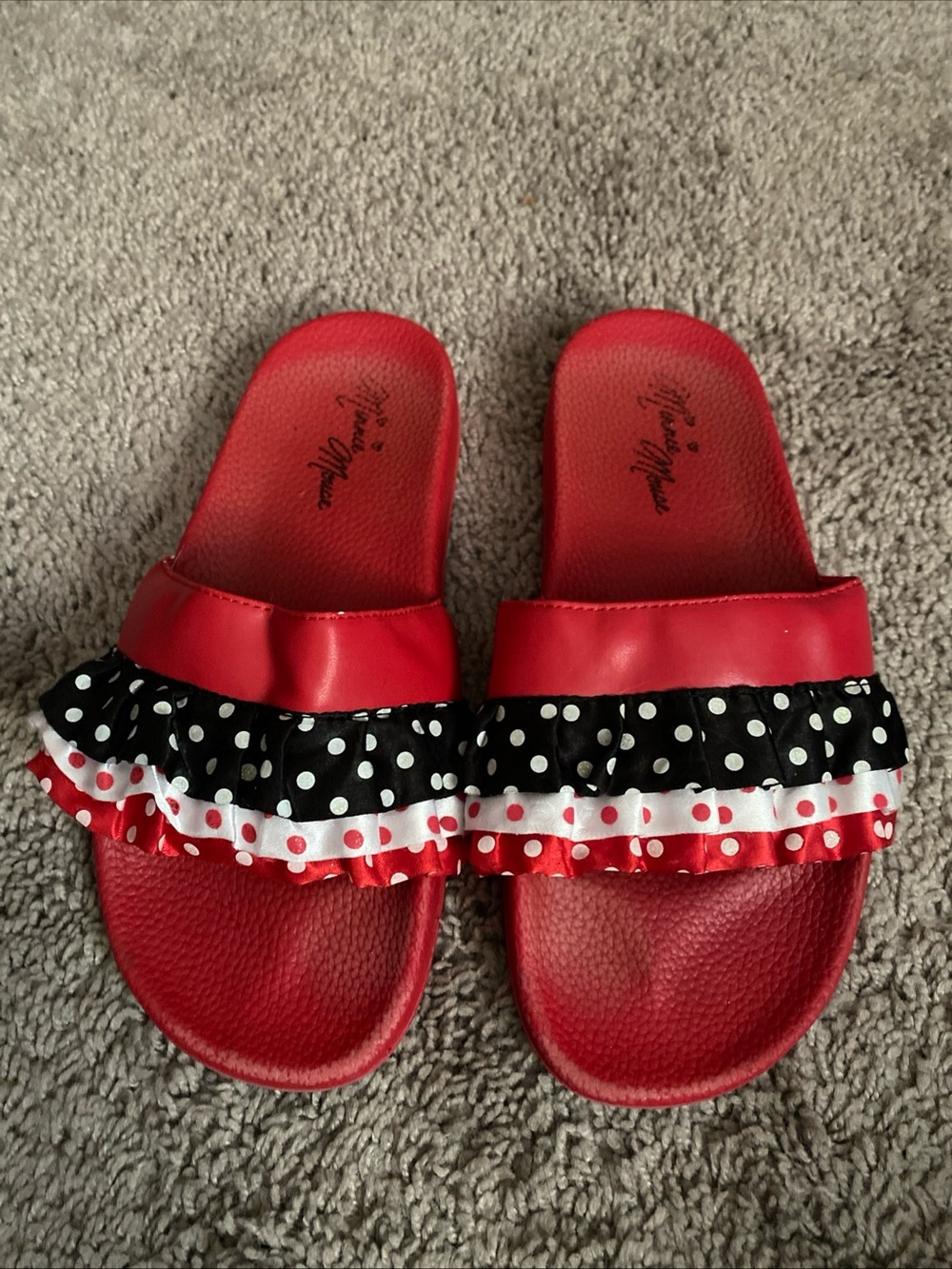 Disney parks Minnie Mouse Red Black White Polka Dot Ruffle Slide Sandals